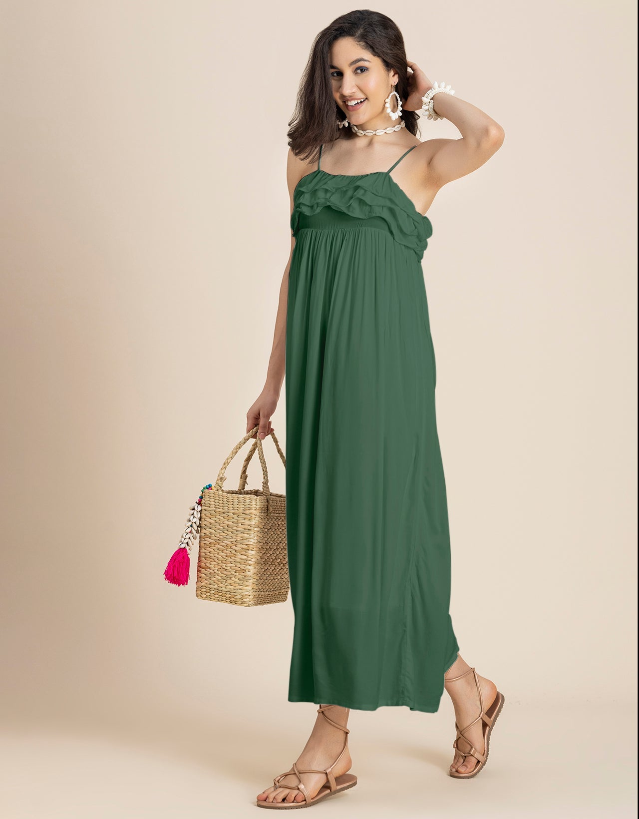 Women Solid Maxi Chic Frill Summer Dress