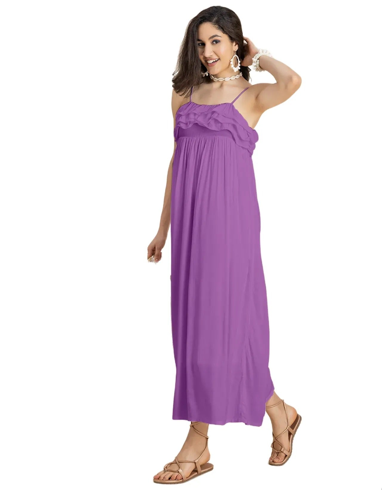 Women Solid Maxi Chic Frill Summer Dress