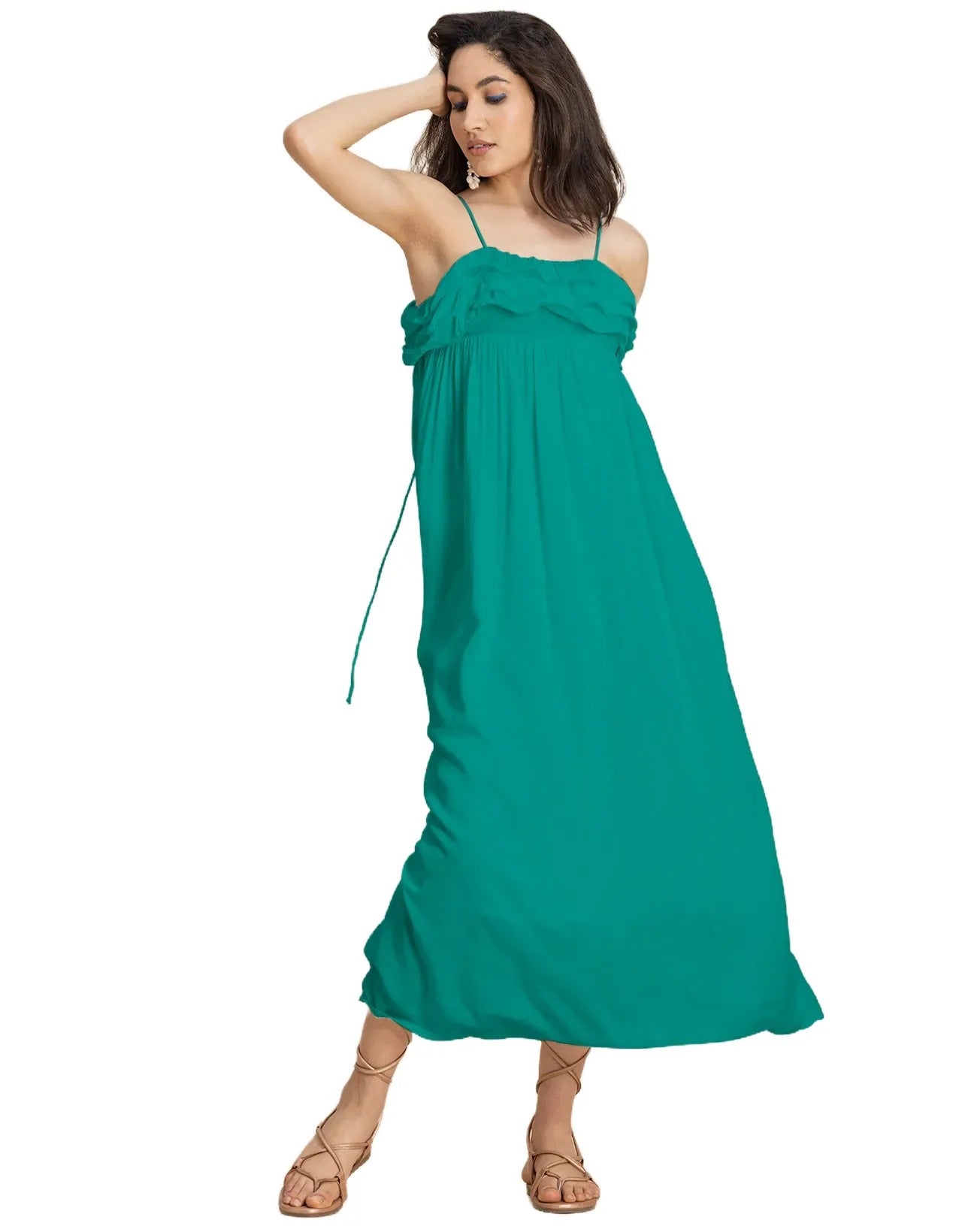 Women Solid Maxi Chic Frill Summer Dress