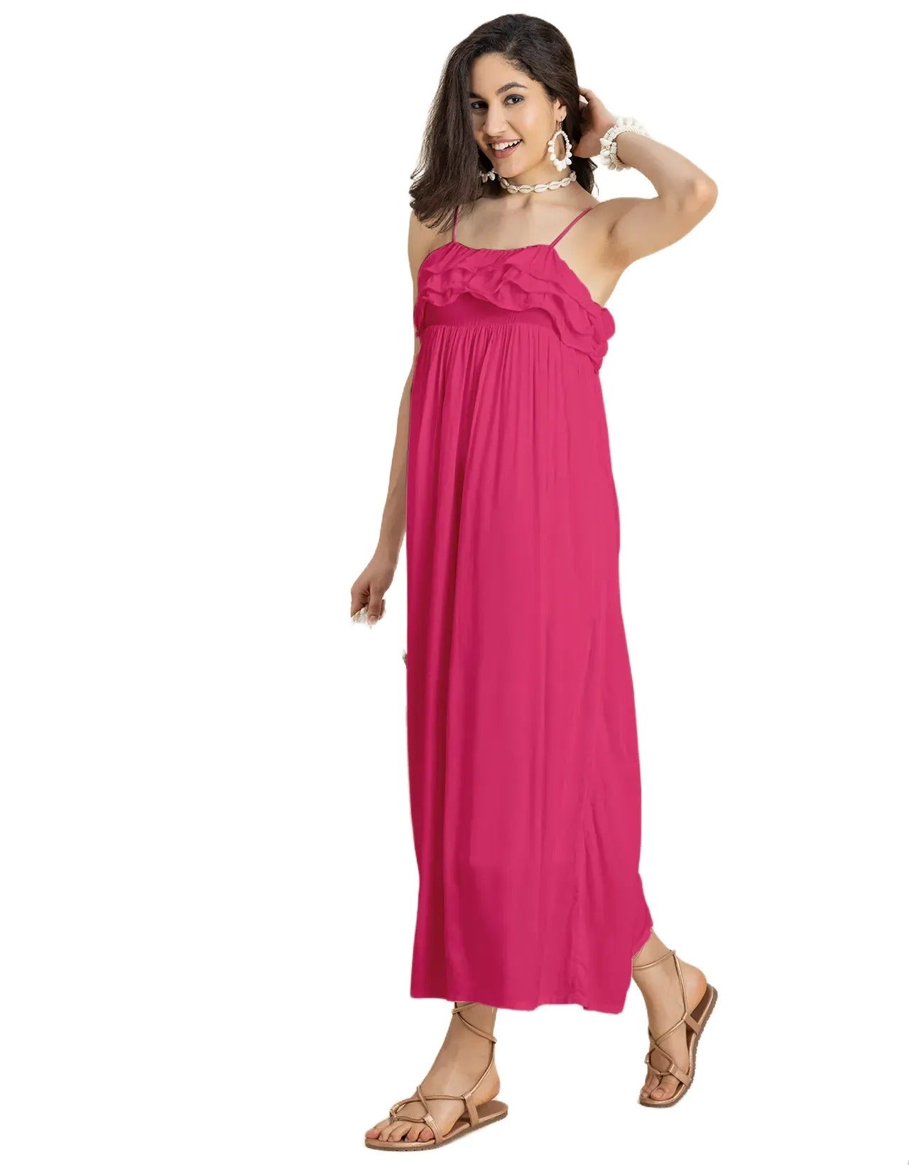 Women Solid Maxi Chic Frill Summer Dress