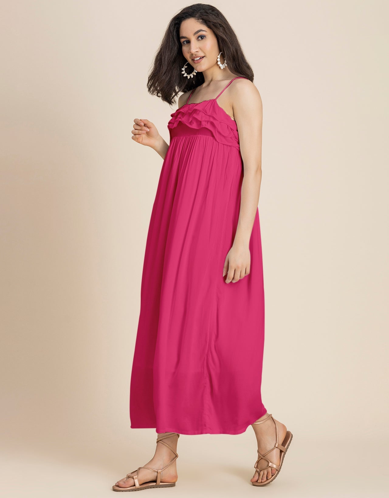Women Solid Maxi Chic Frill Summer Dress