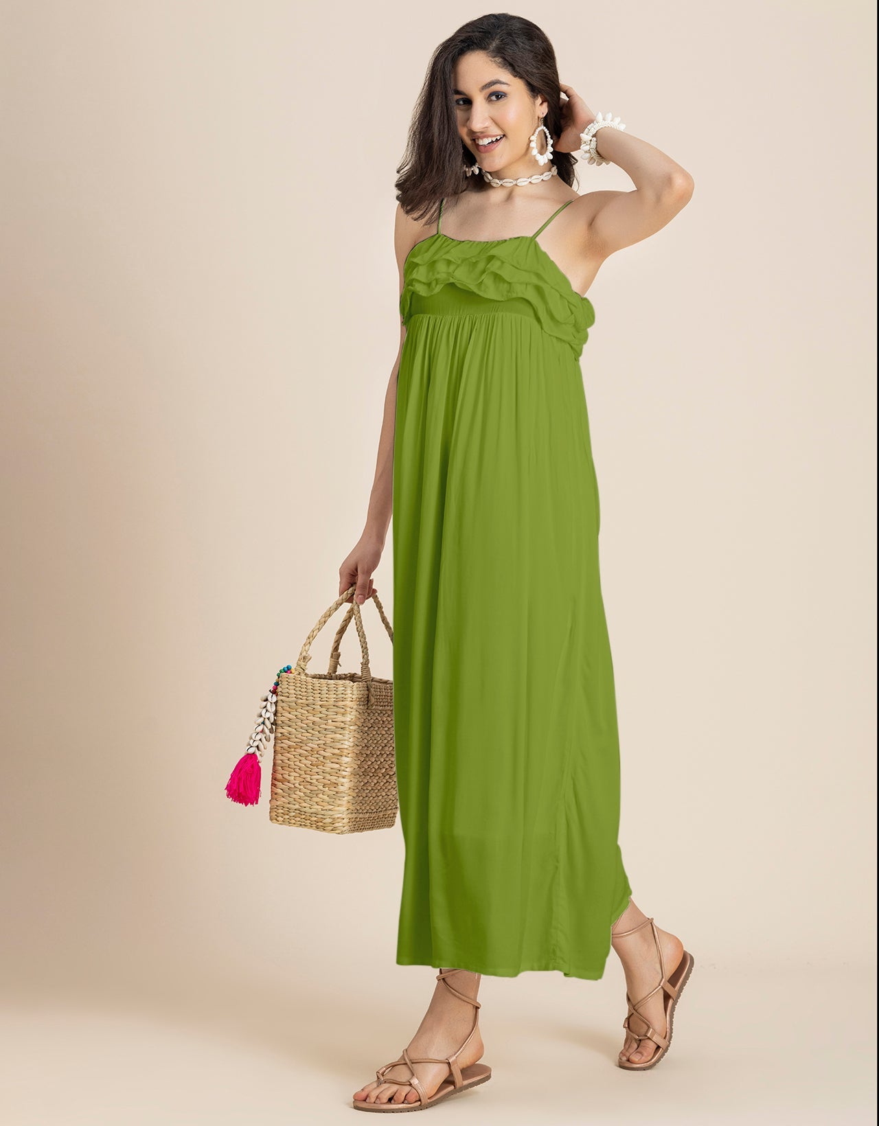 Women Solid Maxi Chic Frill Summer Dress