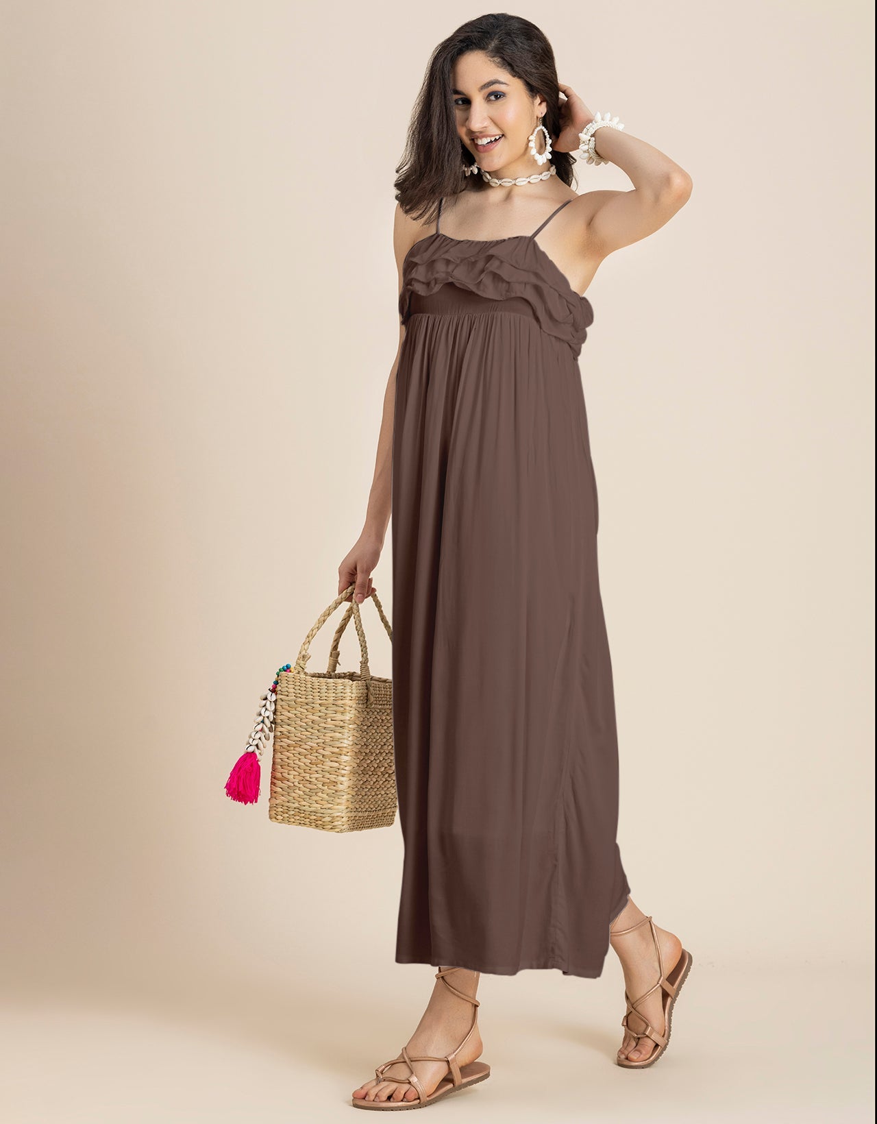 Women Solid Maxi Chic Frill Summer Dress