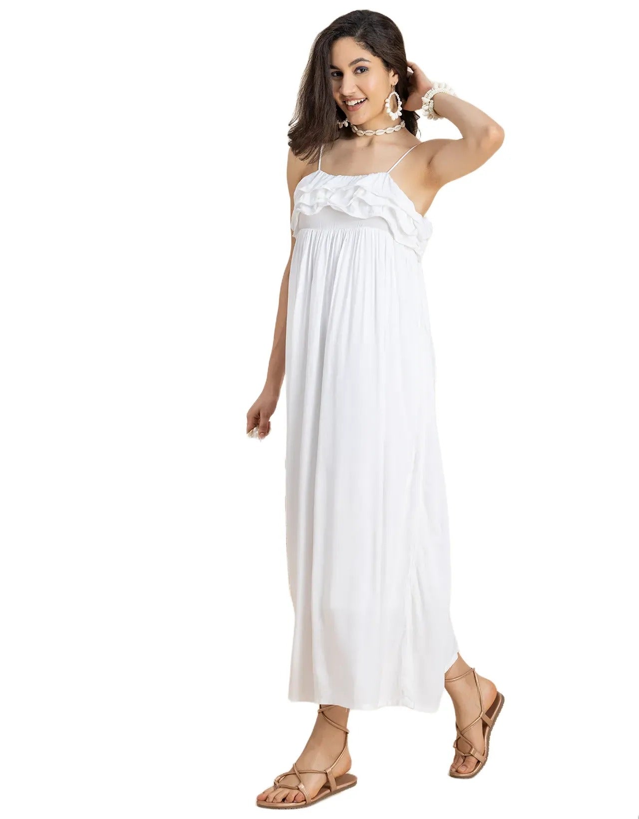 Women Solid Maxi Chic Frill Summer Dress