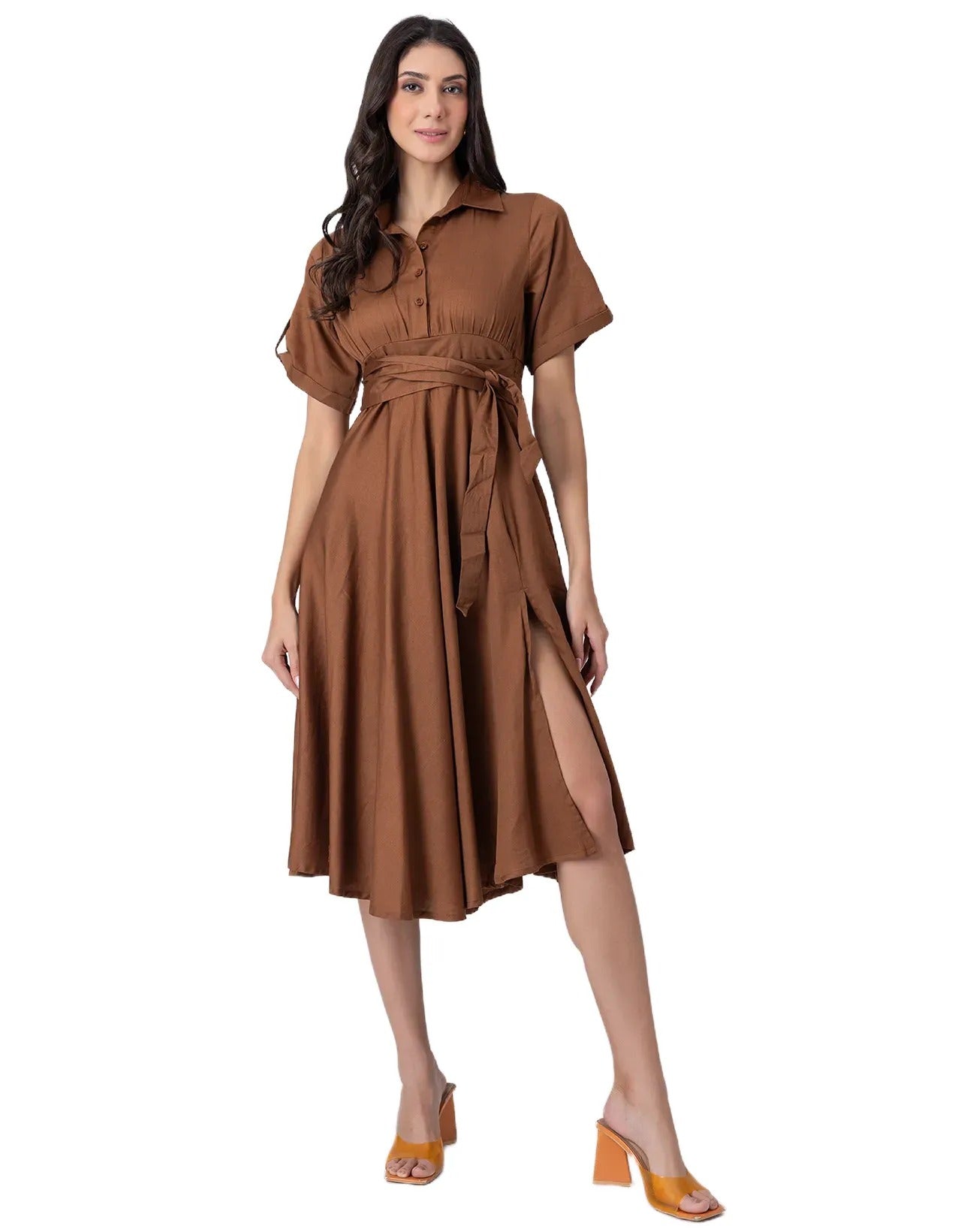 Exclusive Boho Style Solid Midi Women's Dress with Side Slit