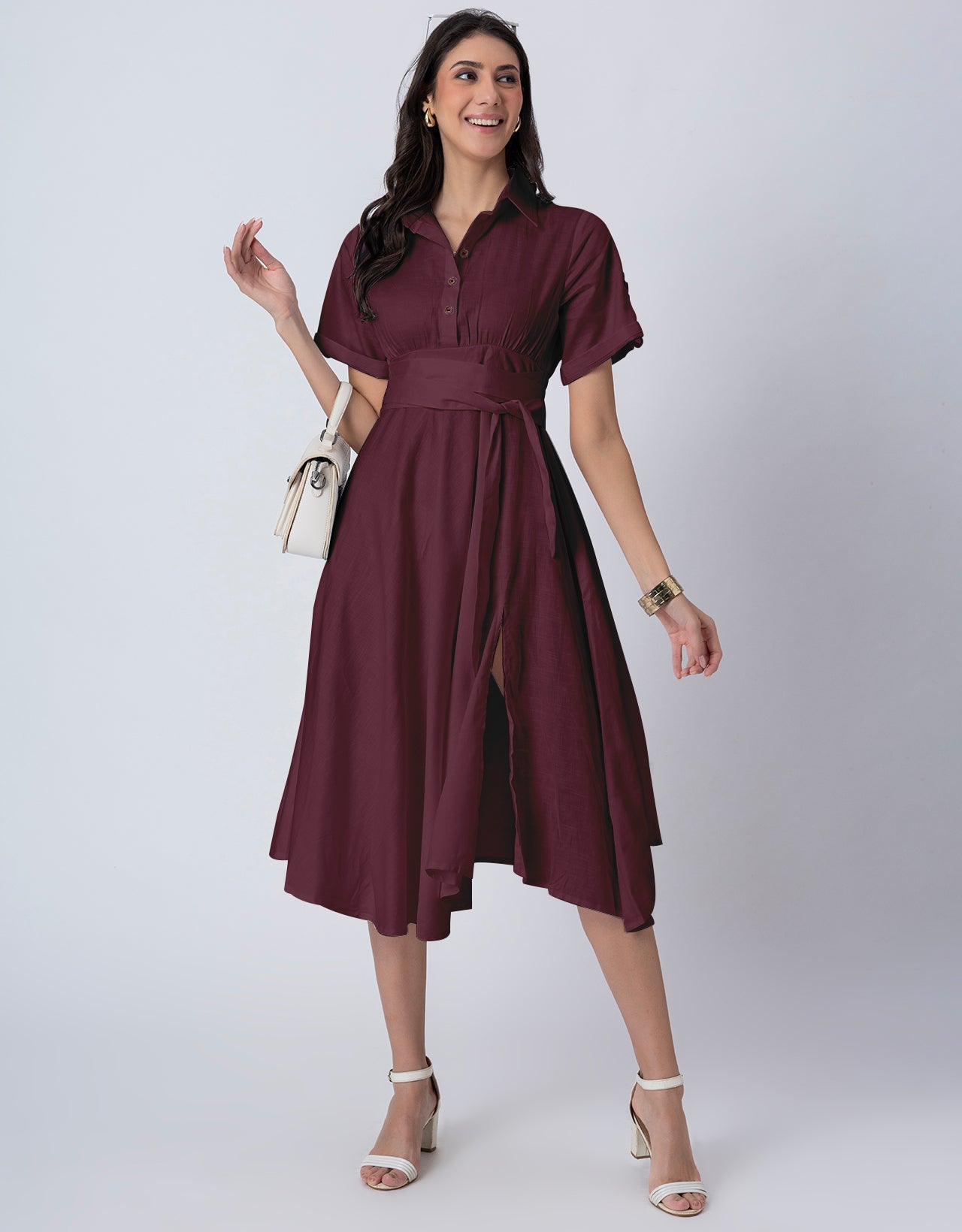 Exclusive Boho Style Solid Midi Women's Dress with Side Slit