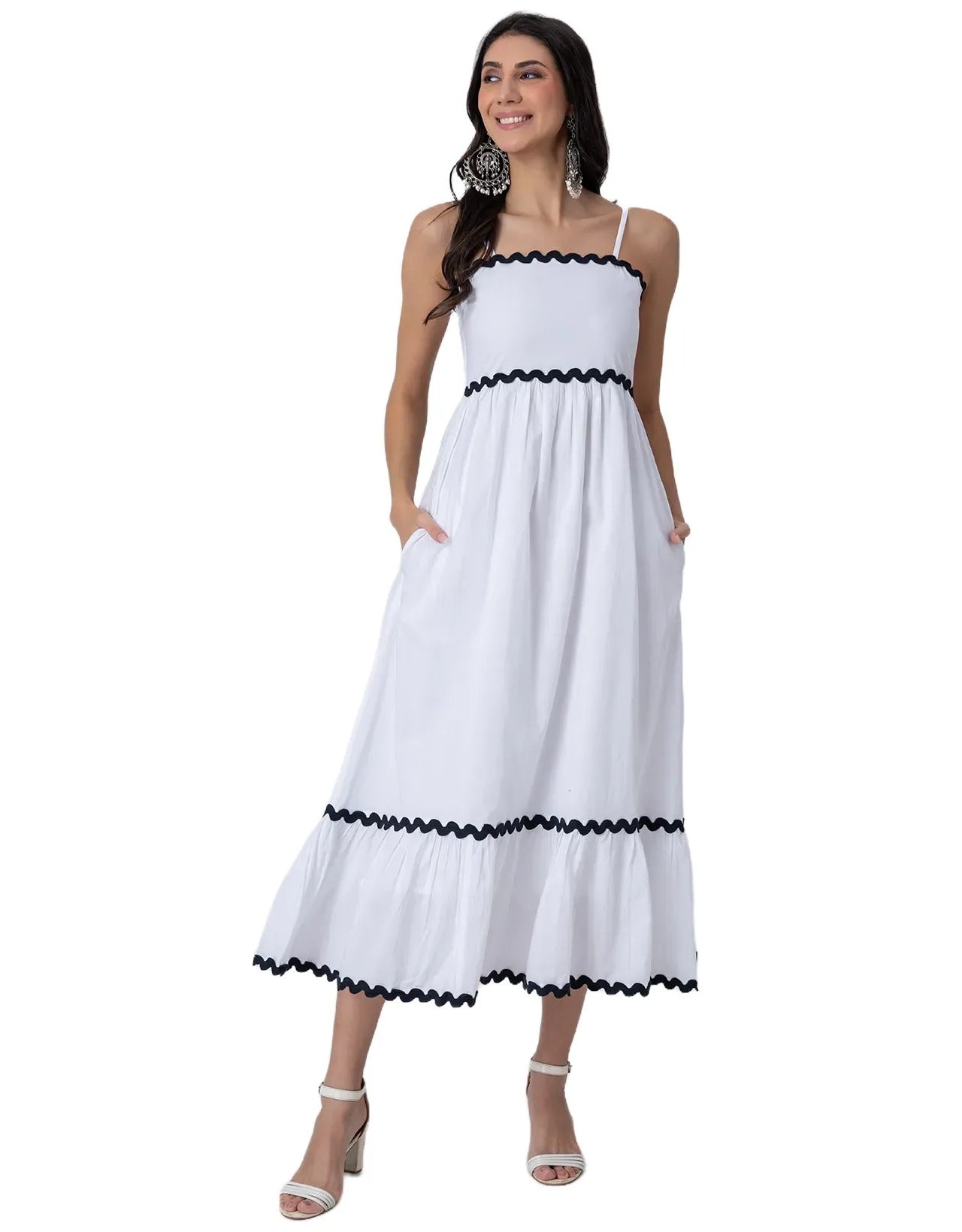 Women's Solid Full-Length Cotton Dress with Zigzag Lace