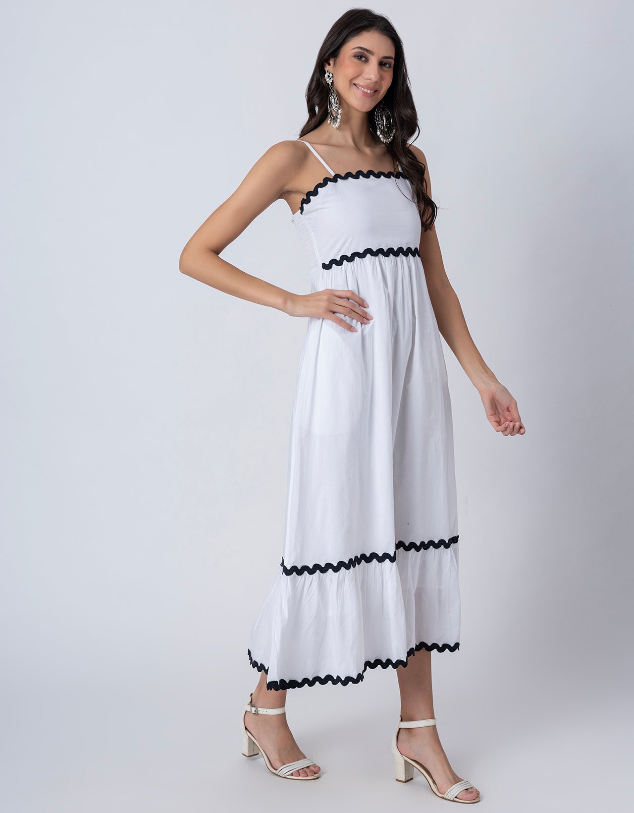 Women's Solid Full-Length Cotton Dress with Zigzag Lace