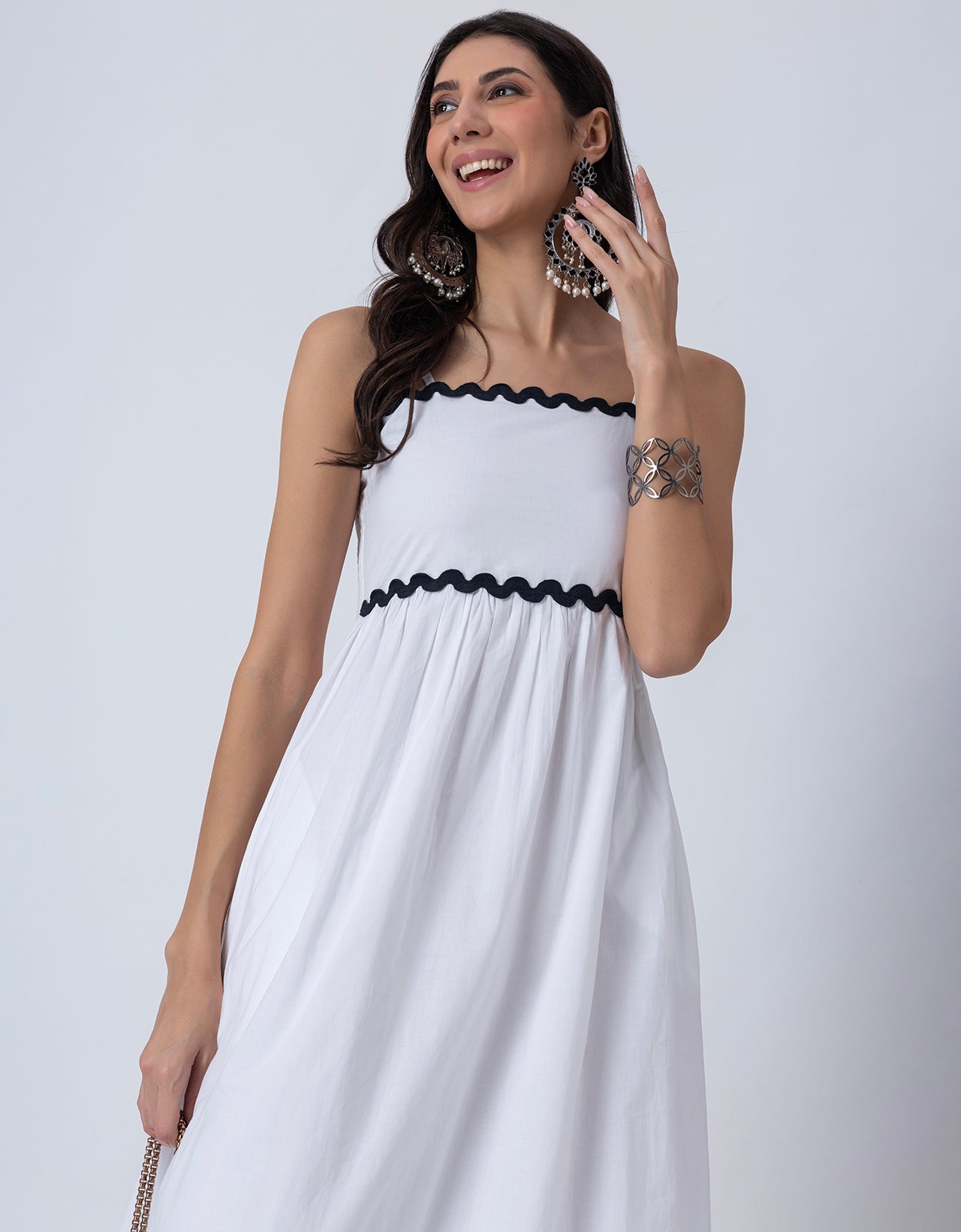 Women's Solid Full-Length Cotton Dress with Zigzag Lace