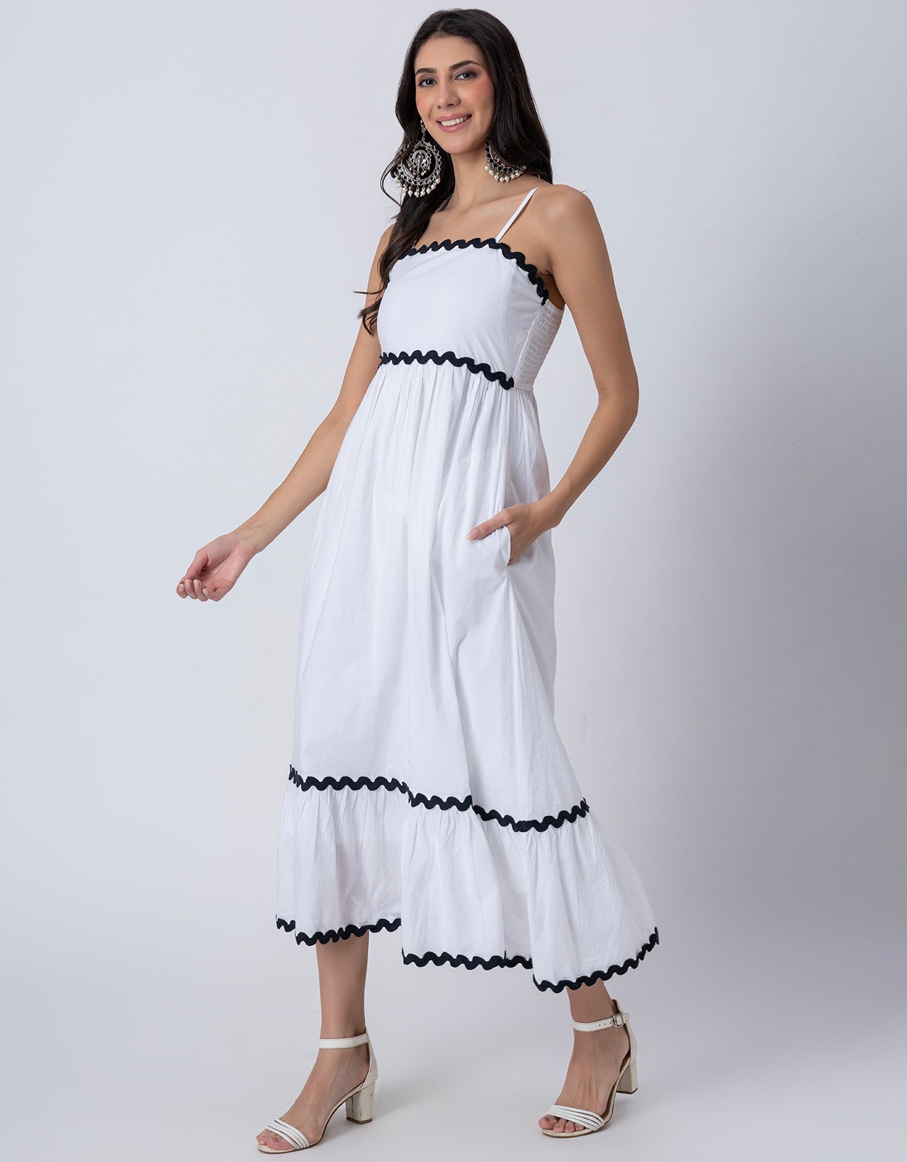 Women's Solid Full-Length Cotton Dress with Zigzag Lace