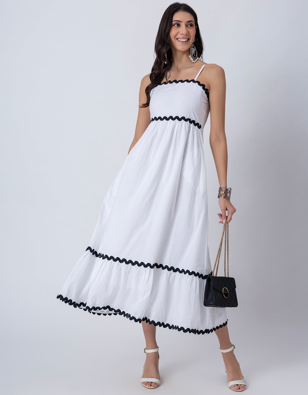 Women's Solid Full-Length Cotton Dress with Zigzag Lace