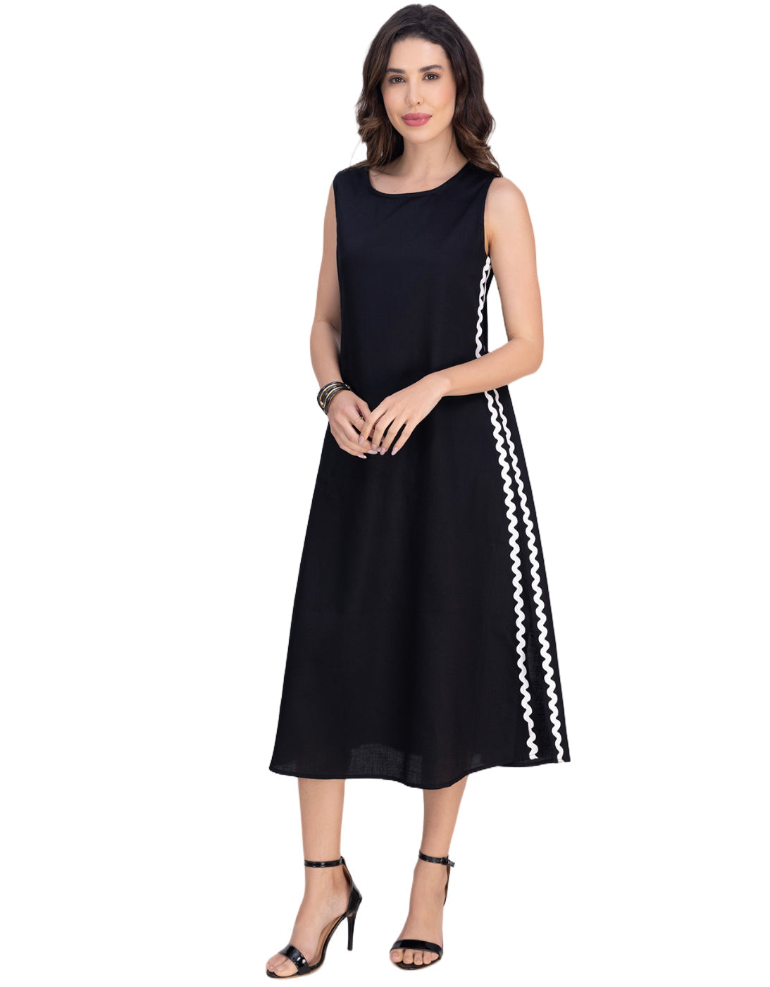 Moomaya Women's Printed Sleeveless A-Line Maxi Dress With Lace