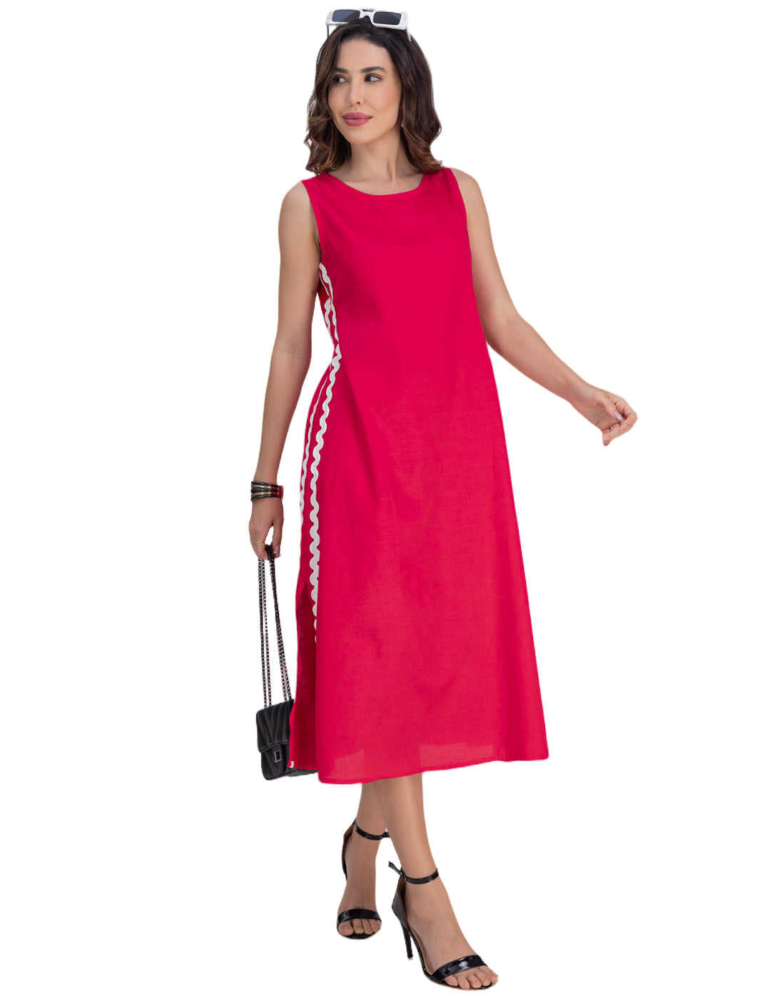 Moomaya Women's Printed Sleeveless A-Line Maxi Dress With Lace