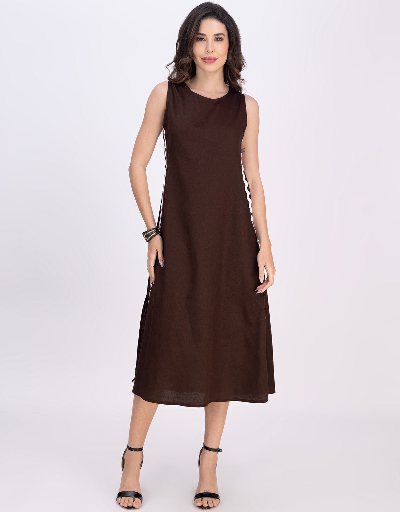 Moomaya Women's Printed Sleeveless A-Line Maxi Dress With Lace