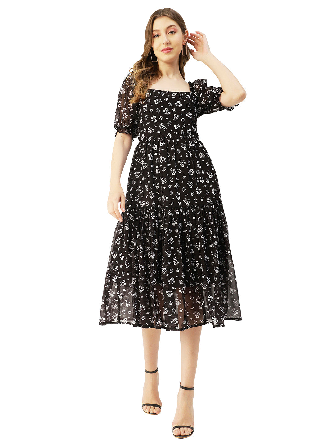 Square Neck Smocked Midi, Poly