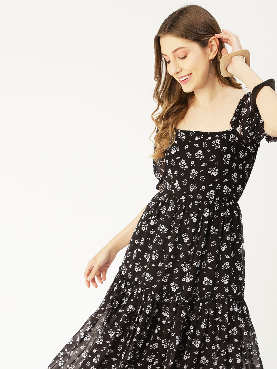 Square Neck Smocked Midi, Poly