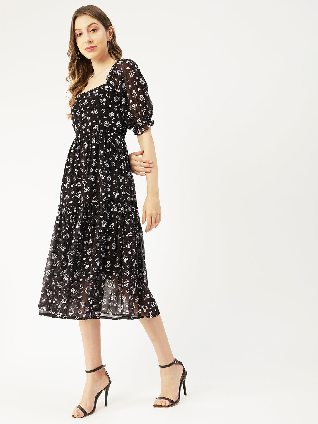 Square Neck Smocked Midi, Poly