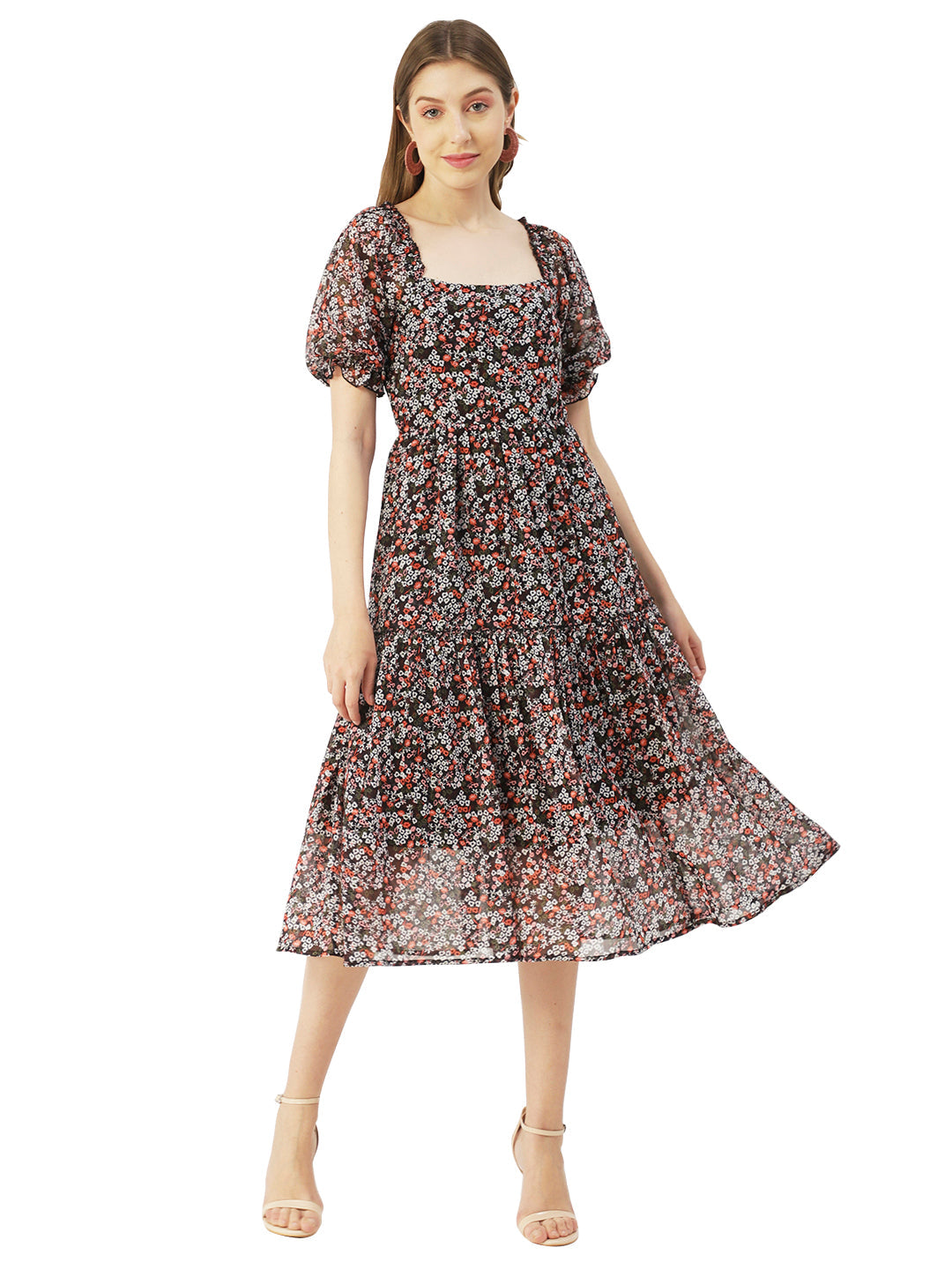 Square Neck Smocked Midi, Poly
