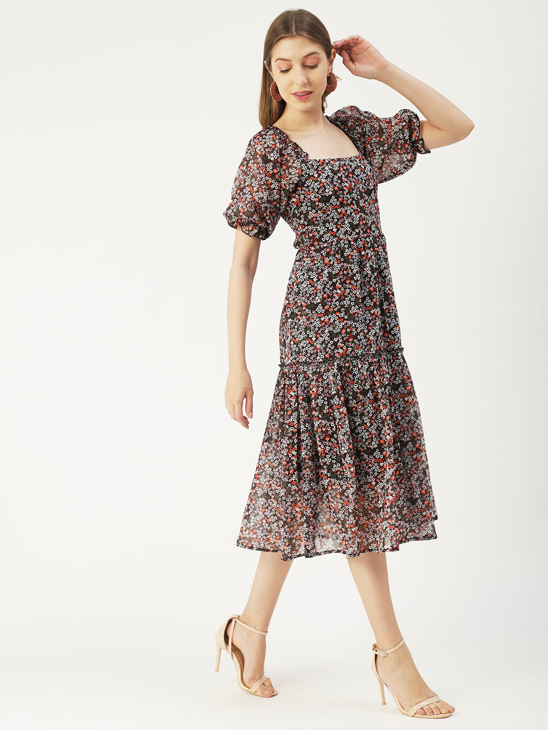 Square Neck Smocked Midi, Poly