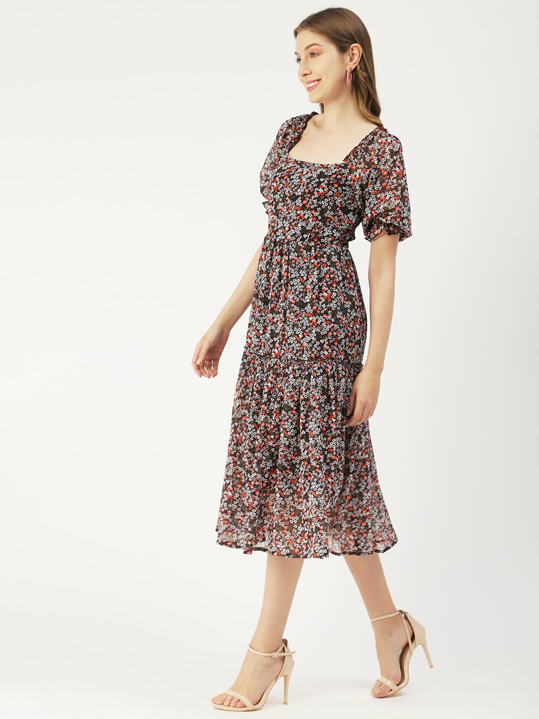 Square Neck Smocked Midi, Poly