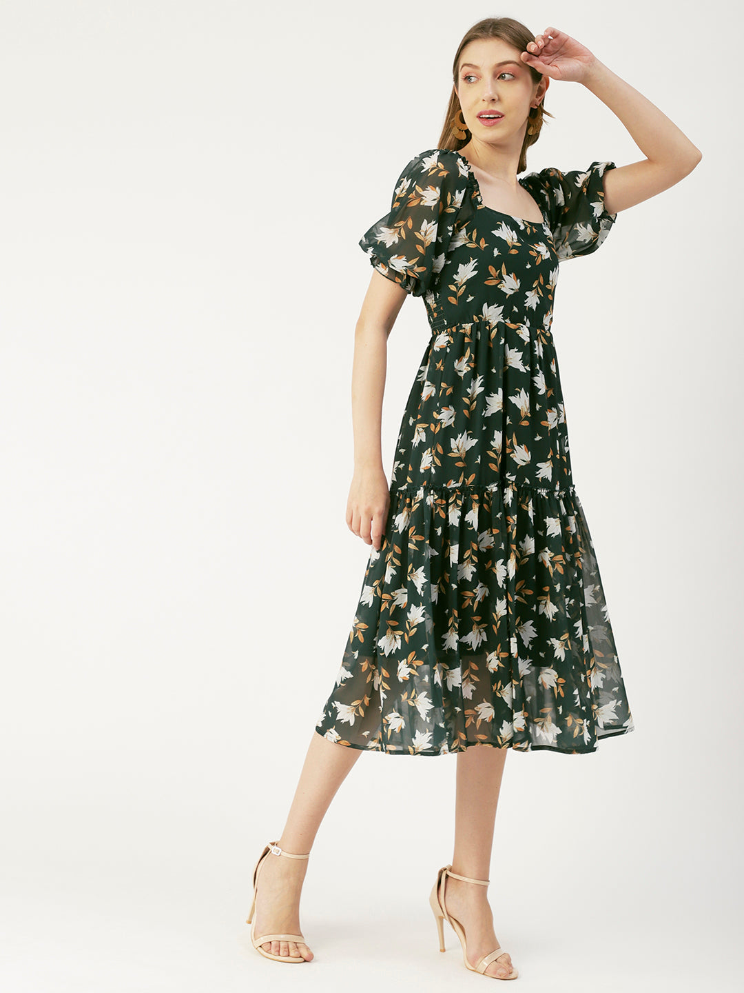 Square Neck Smocked Midi, Poly