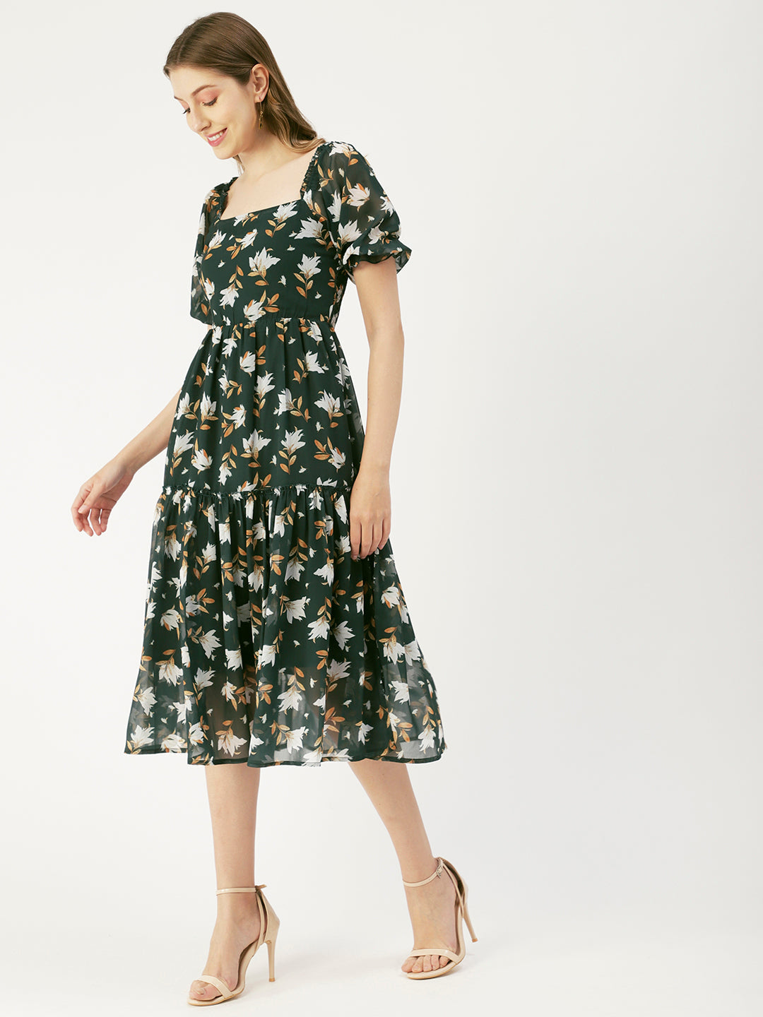 Square Neck Smocked Midi, Poly