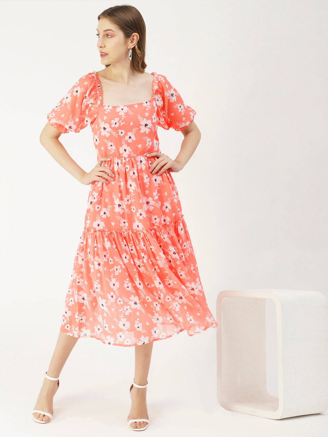 Square Neck Smocked Midi, Poly