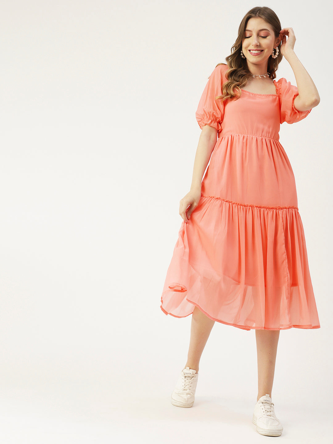 Square Neck Smocked Midi, Poly