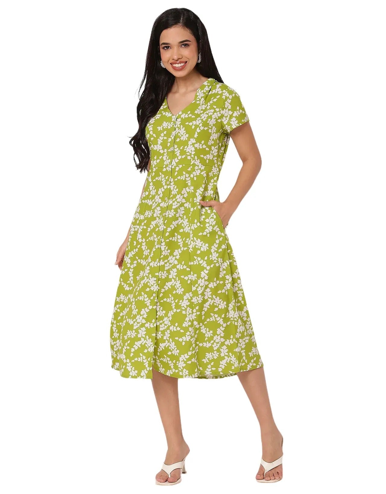Women's Printed Button Down Dress V Neck Dress