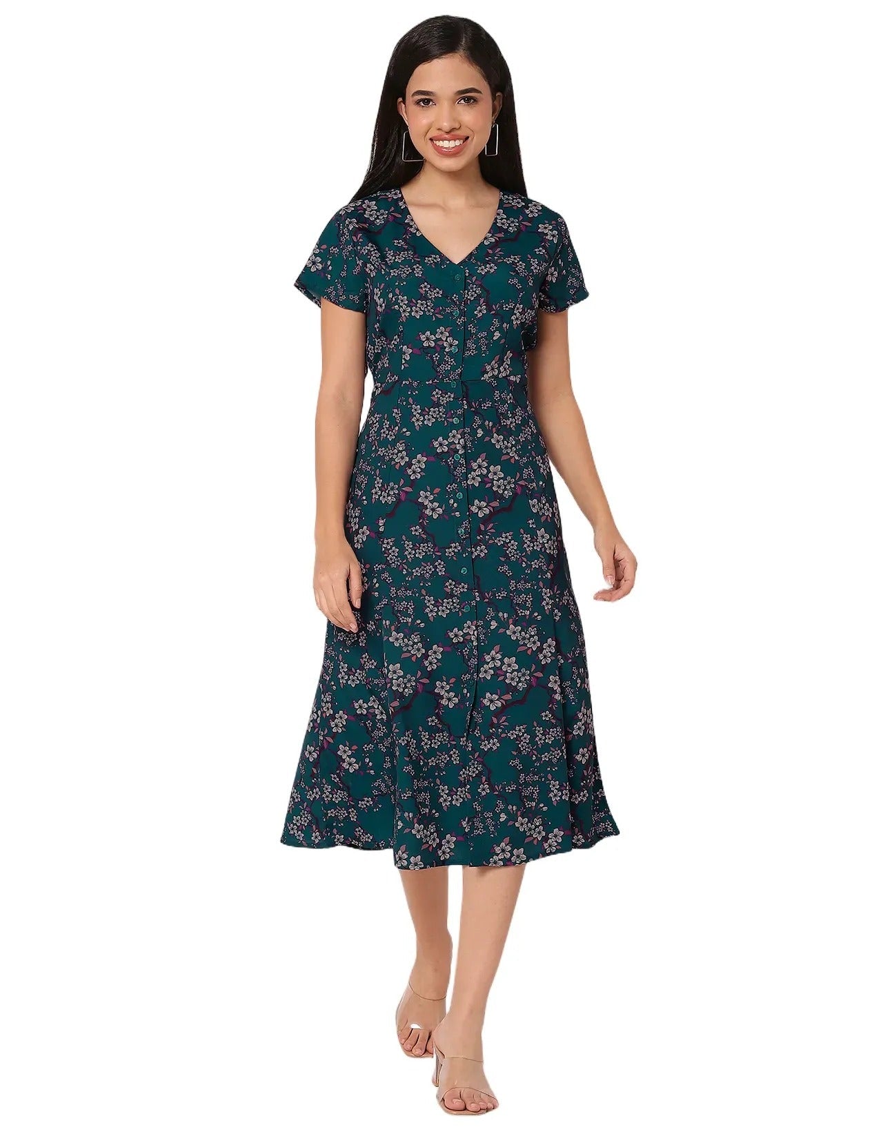 Women's Printed Button Down Dress V Neck Dress