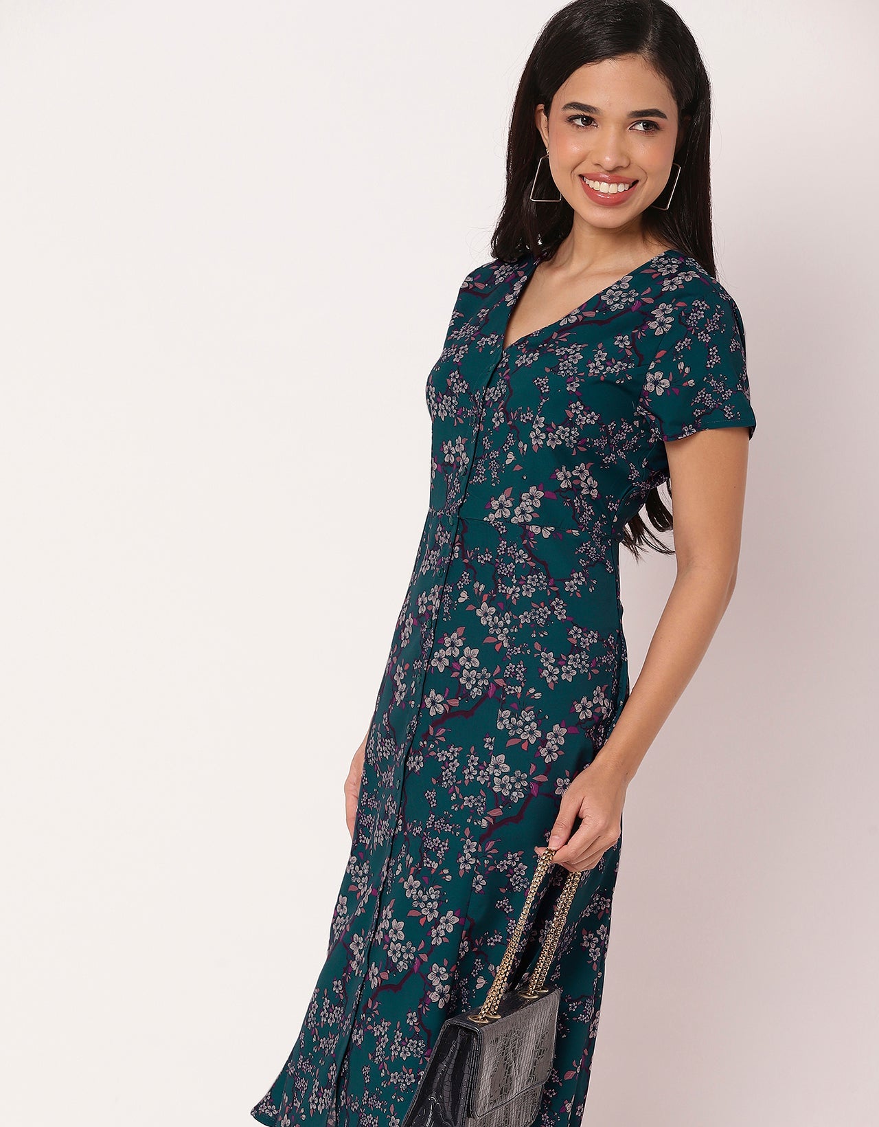 Women's Printed Button Down Dress V Neck Dress