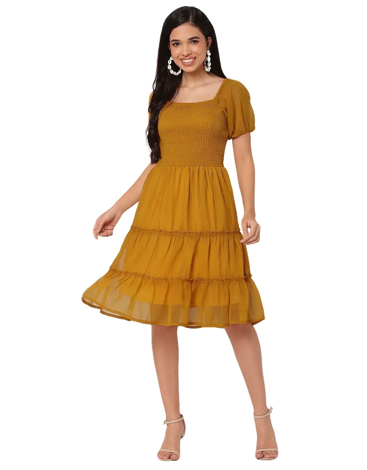 Square Neck Tiered Knee Length Flared Summer Dress