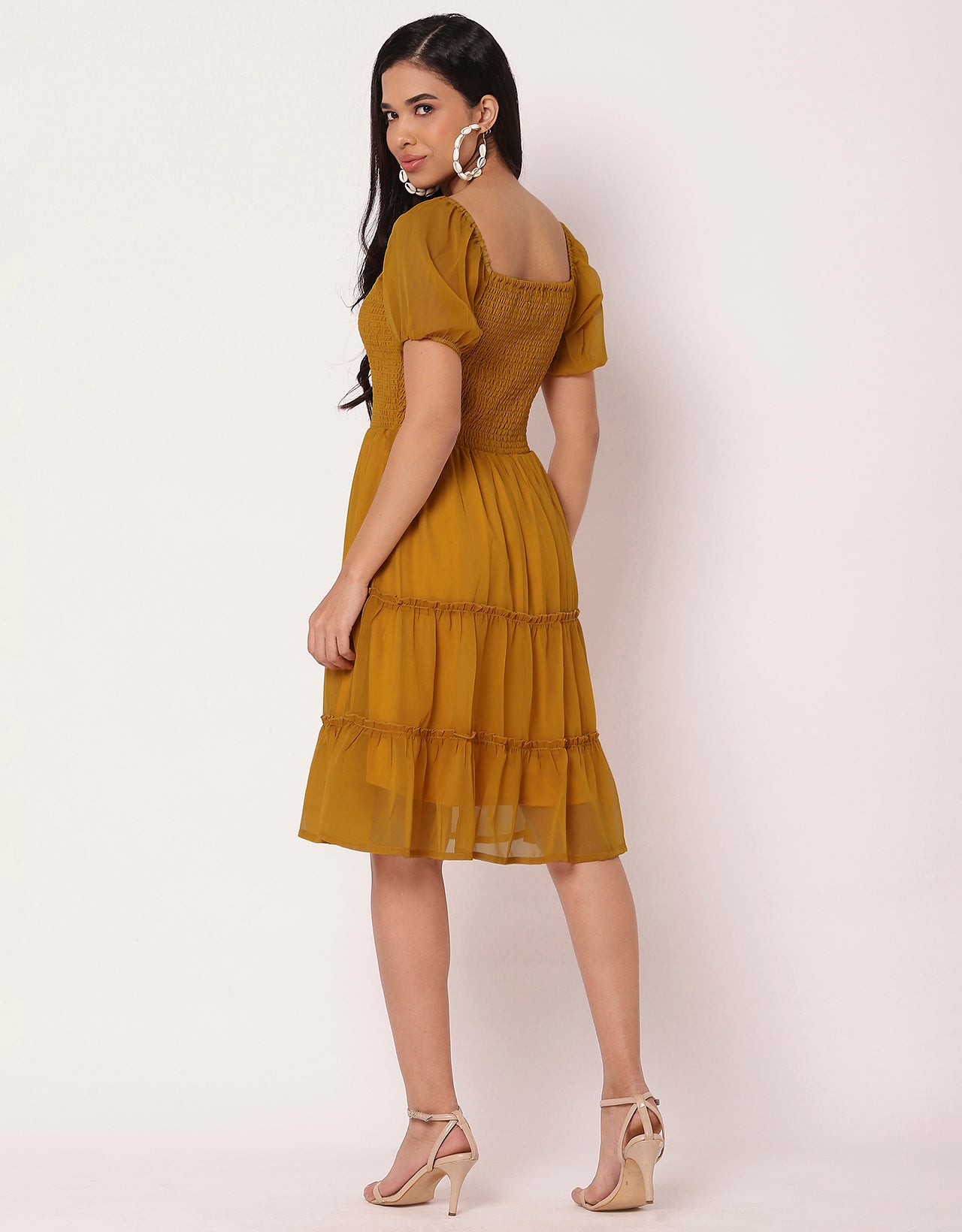Square Neck Tiered Knee Length Flared Summer Dress