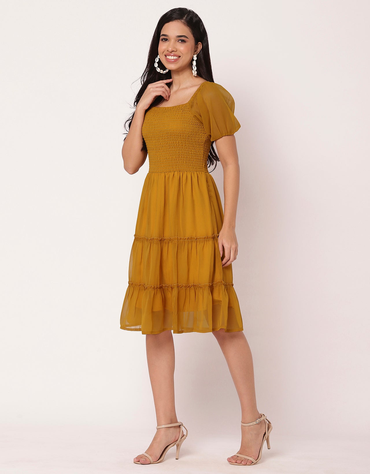 Square Neck Tiered Knee Length Flared Summer Dress
