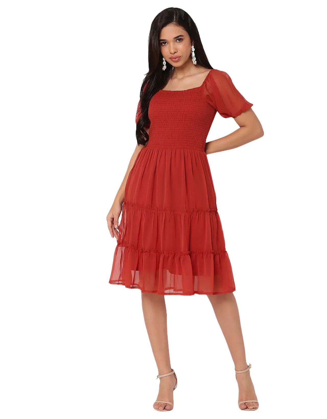 Square Neck Tiered Knee Length Flared Summer Dress