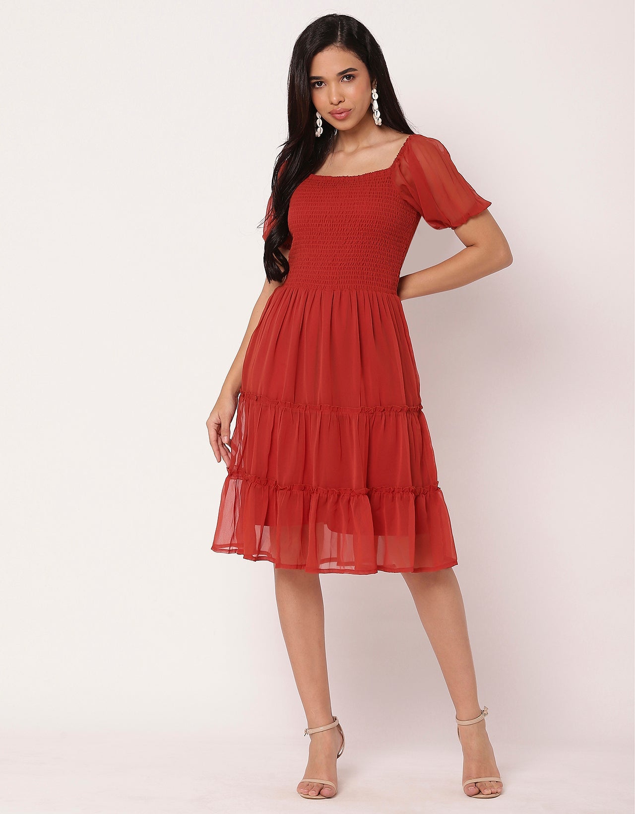 Square Neck Tiered Knee Length Flared Summer Dress