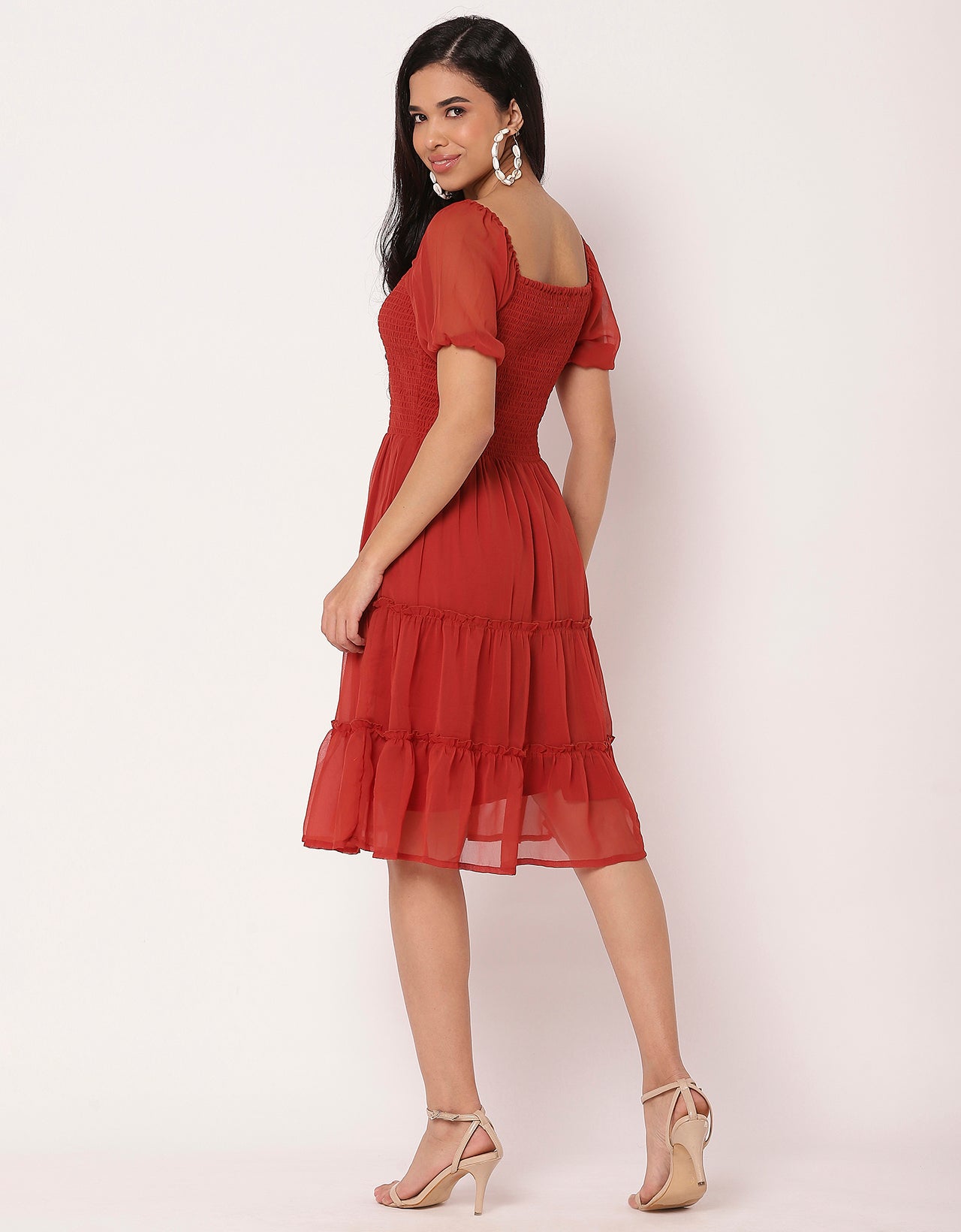 Square Neck Tiered Knee Length Flared Summer Dress