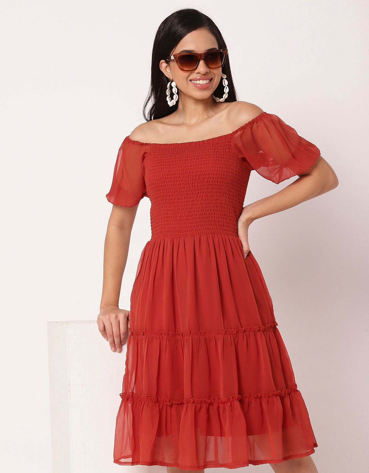 Square Neck Tiered Knee Length Flared Summer Dress
