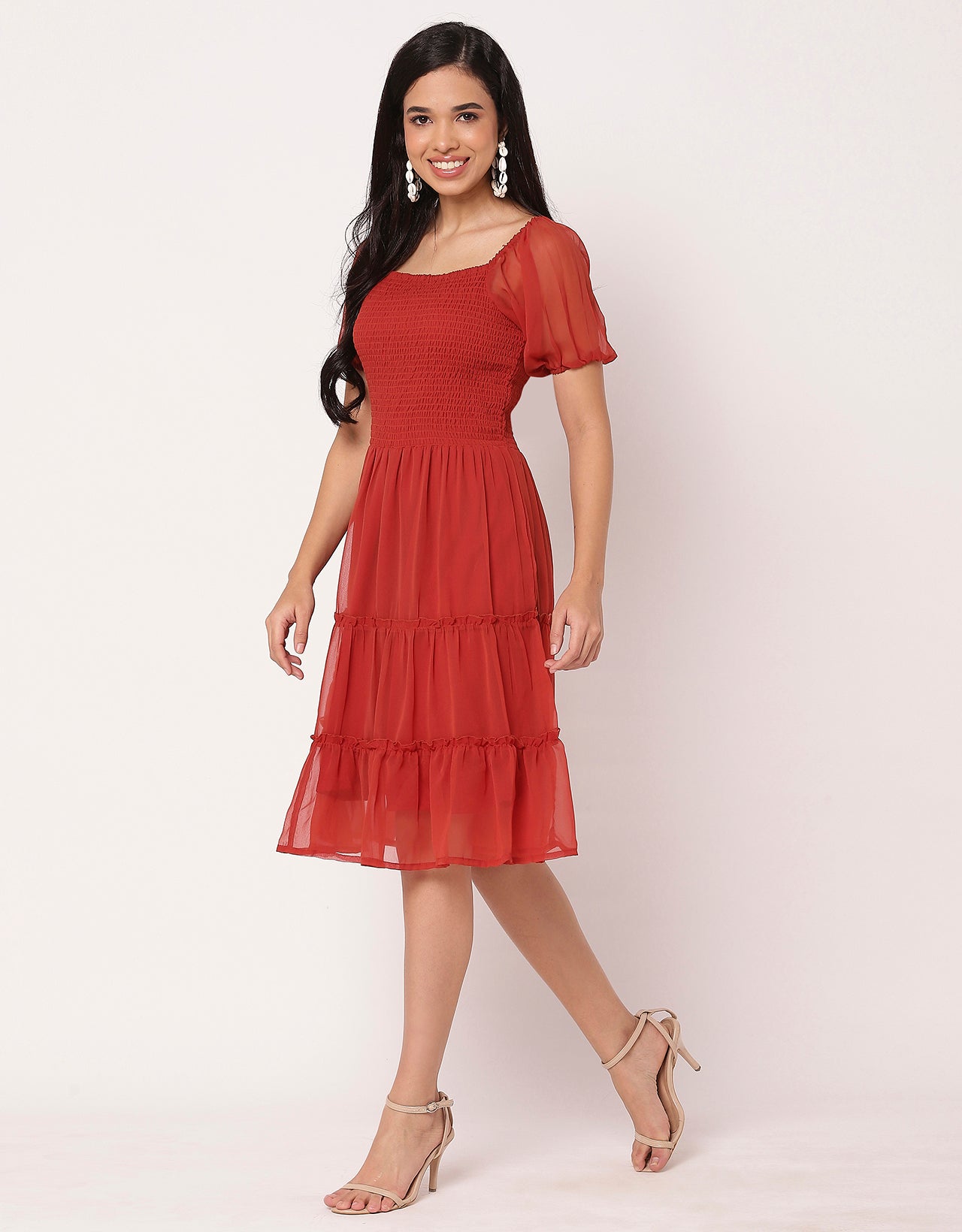 Square Neck Tiered Knee Length Flared Summer Dress