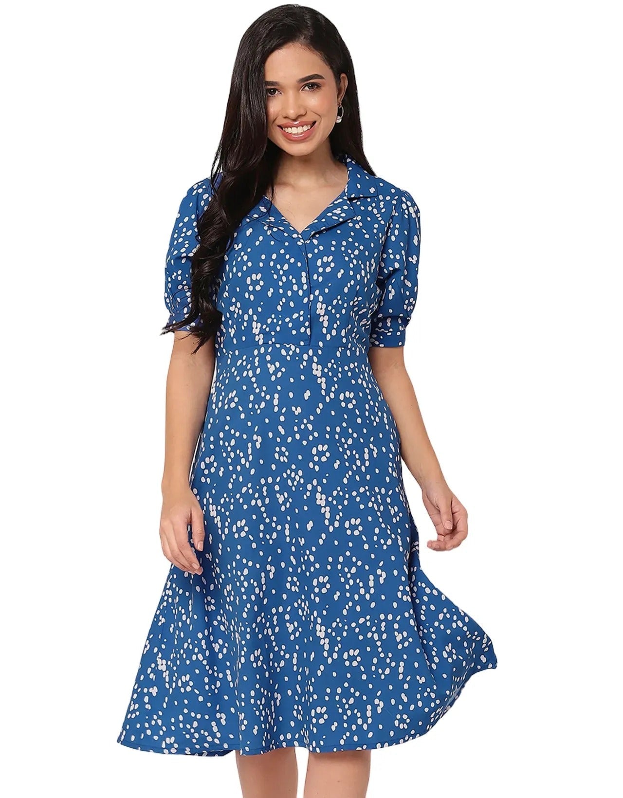 Women's Printed Lapel Collar Puff Sleeves Dress