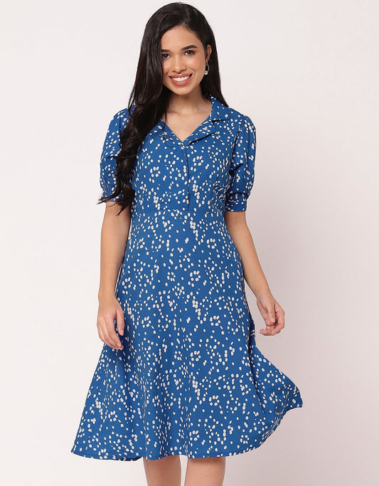 Women's Printed Lapel Collar Puff Sleeves Dress