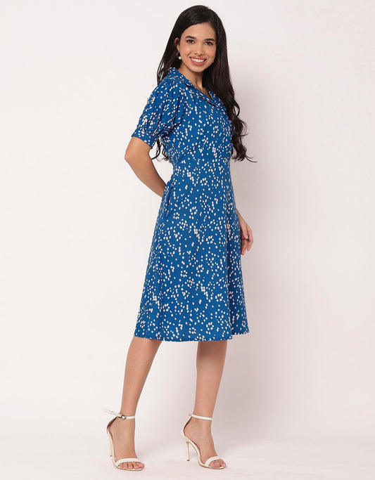 Women's Printed Lapel Collar Puff Sleeves Dress