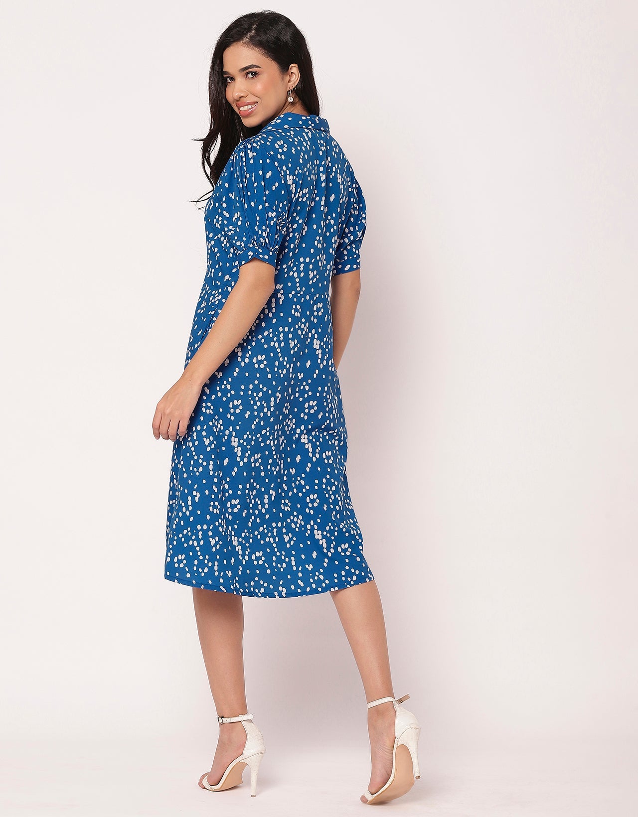 Women's Printed Lapel Collar Puff Sleeves Dress
