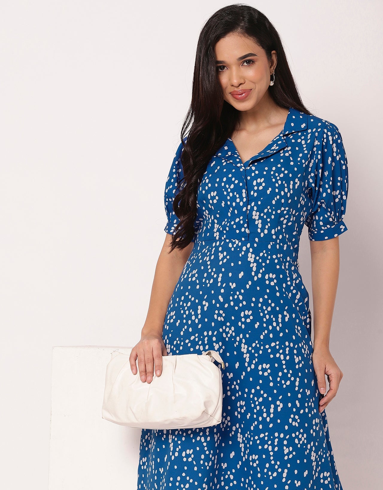 Women's Printed Lapel Collar Puff Sleeves Dress