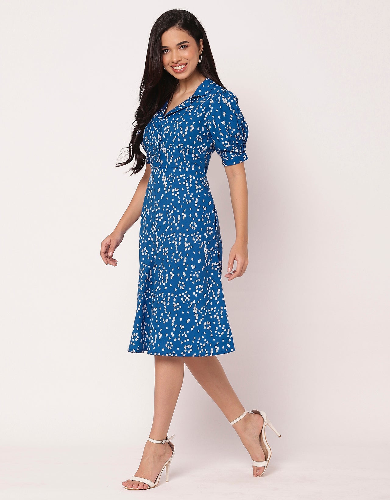 Women's Printed Lapel Collar Puff Sleeves Dress