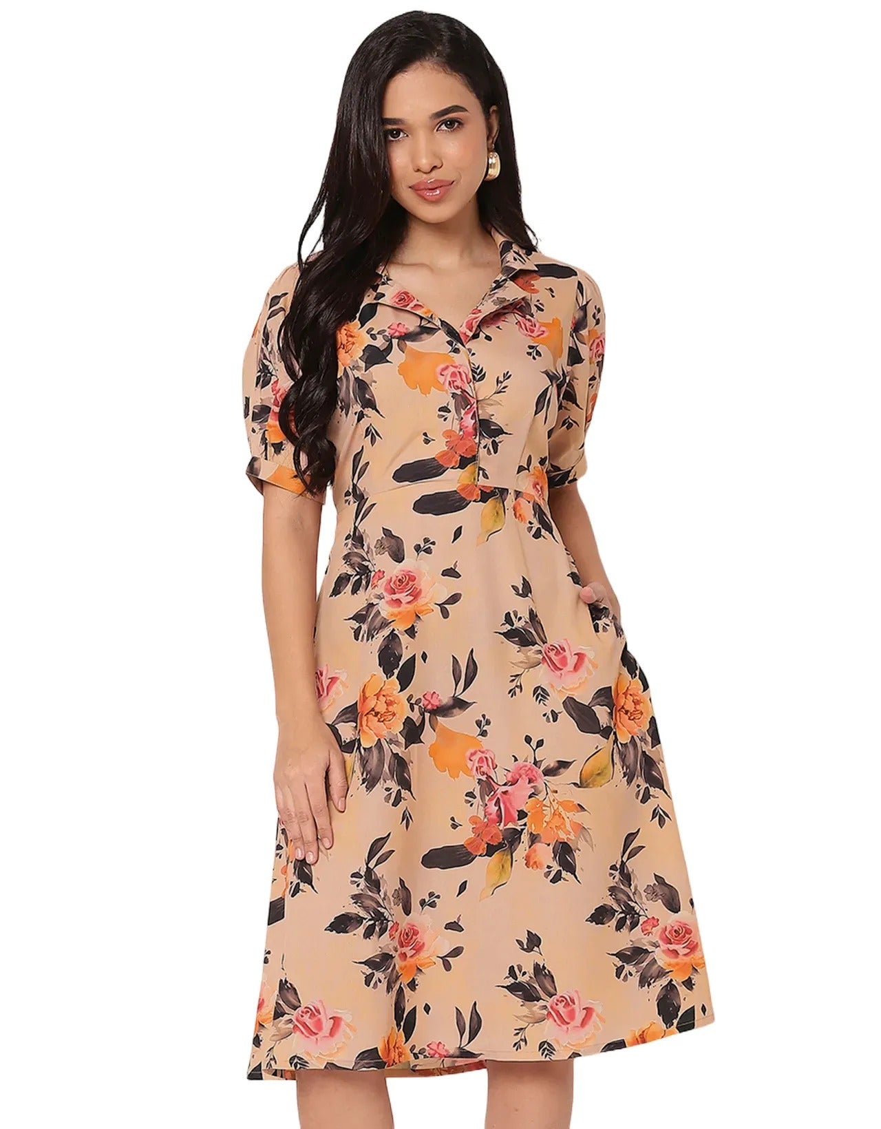Women's Printed Lapel Collar Puff Sleeves Dress