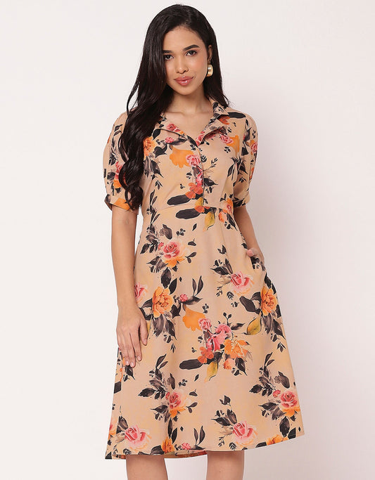 Women's Printed Lapel Collar Puff Sleeves Dress