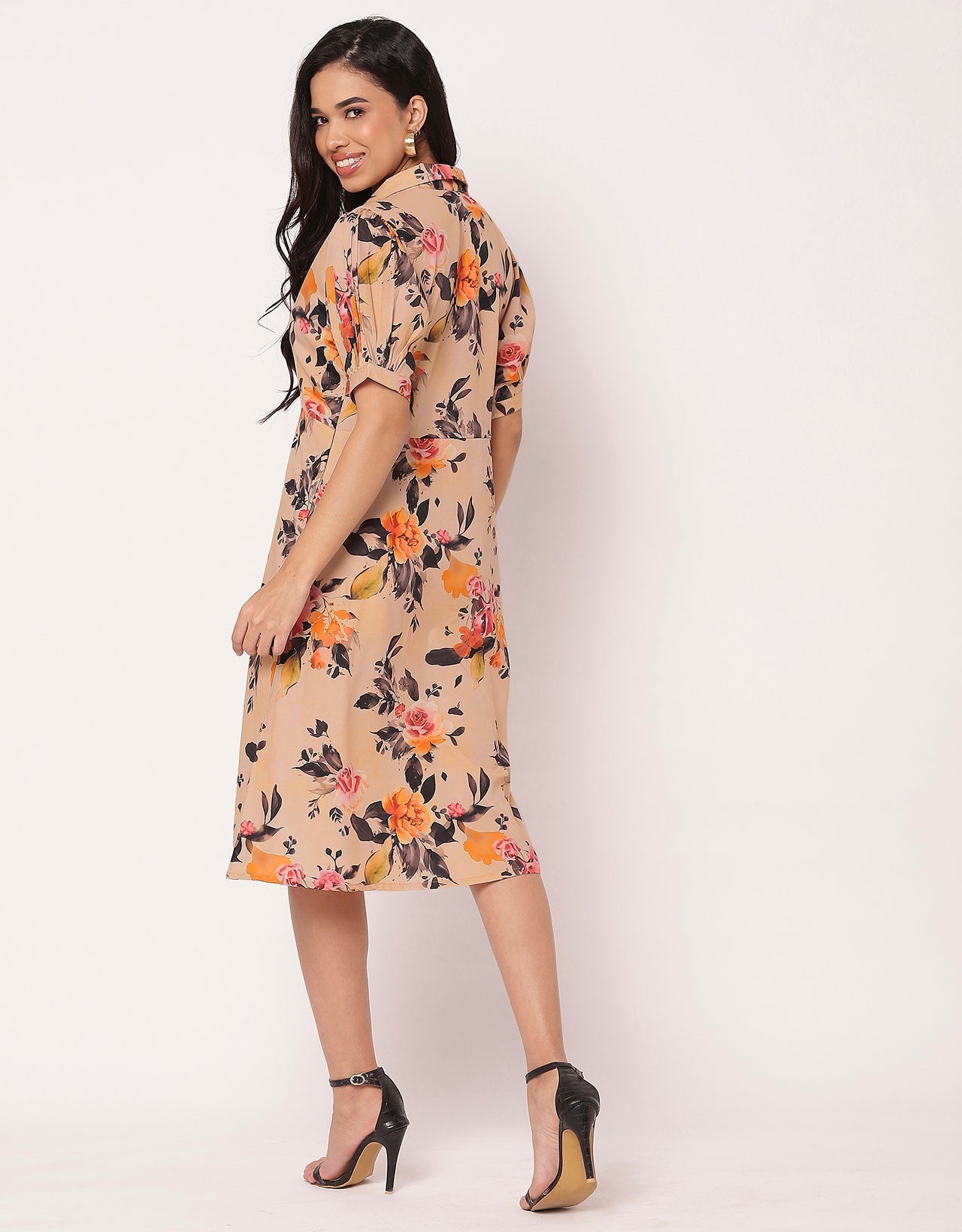 Women's Printed Lapel Collar Puff Sleeves Dress