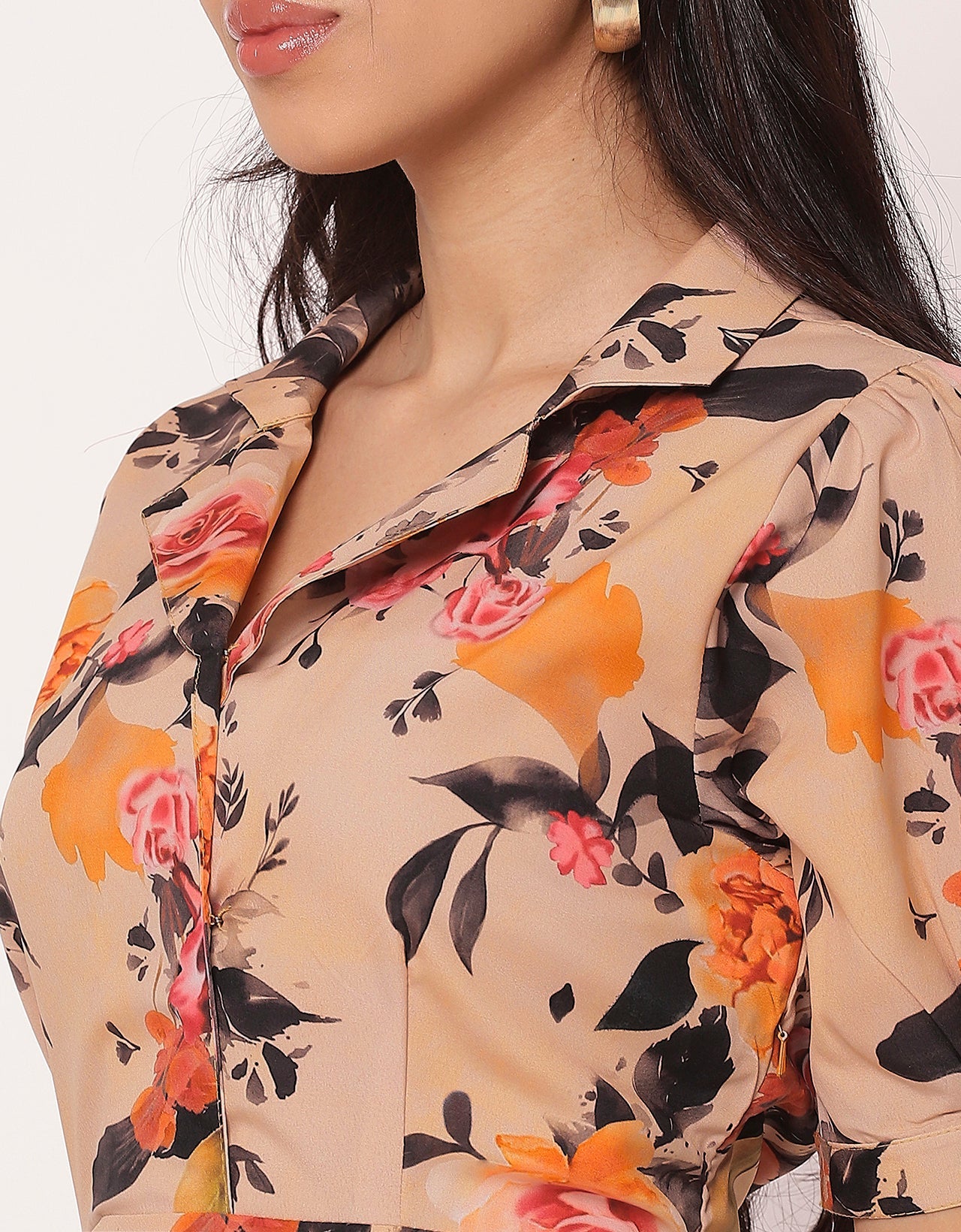 Women's Printed Lapel Collar Puff Sleeves Dress