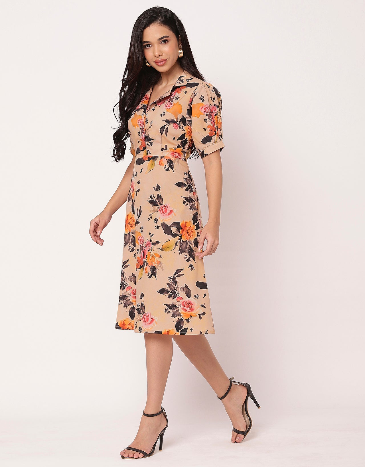 Women's Printed Lapel Collar Puff Sleeves Dress